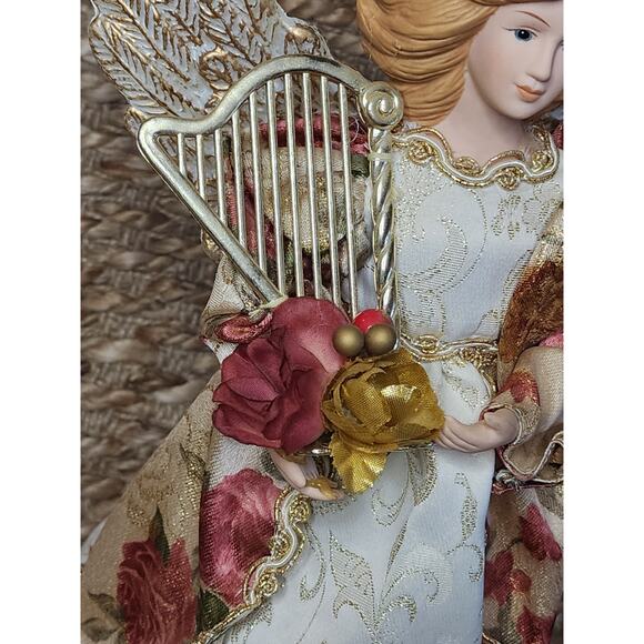 Beautiful Christmas Angel Tree Topper Gold Wings & Floral Gown Playing Harp 13" - Picture 2 of 10